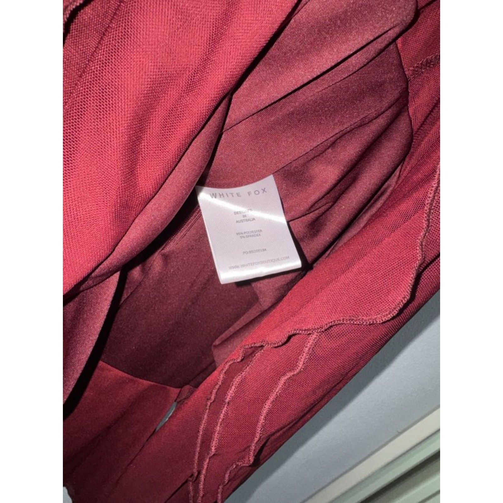 White Fox Burgundy Ruched Mesh Mini Dress L Strapless Ruffle Bodycon Wine Sexy — image 3 of 5